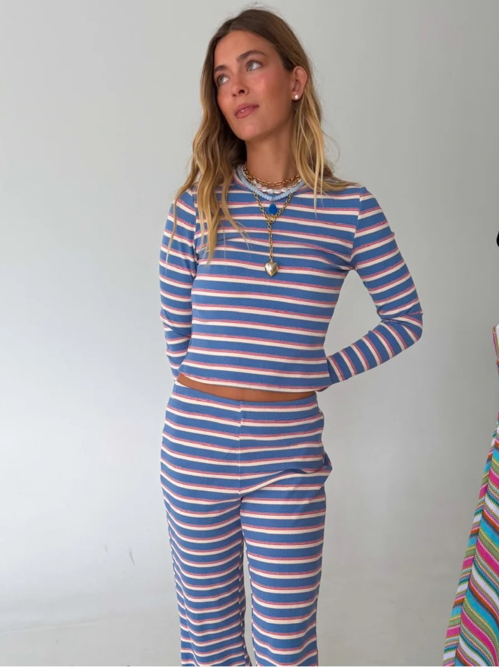 Striped Long Sleeve Crewneck Top in Blue and Pink